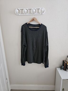 Lucky Brand Navy and Olive Distressed Striped Long-Sleeve Crewneck